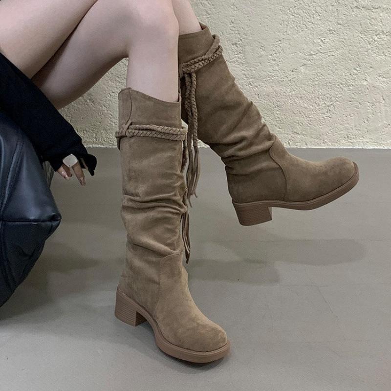 Retro suede thick heel boots women's autumn and winter new boots 2025 French high heel boots western cowboy boots