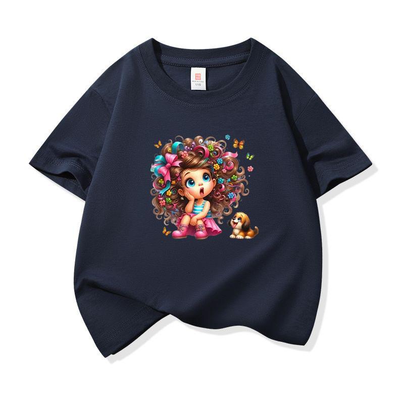 Kids Cotton T Shirt Floral Curly Hair Girl Sitting With Puppy Dog Print Crew Neck Short Sleeve Tee Casual Boys Girls Summer Tops