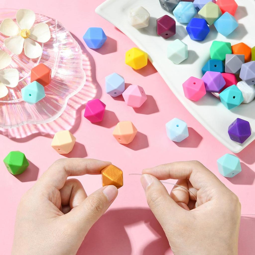 DanLingJewelry 50Pcs 17mm Hexagon Silicone Beads Bulk Colorful Rubber Large Polygonal Silicone Loose Beads for Keychain Lanyards Jewerlry Making