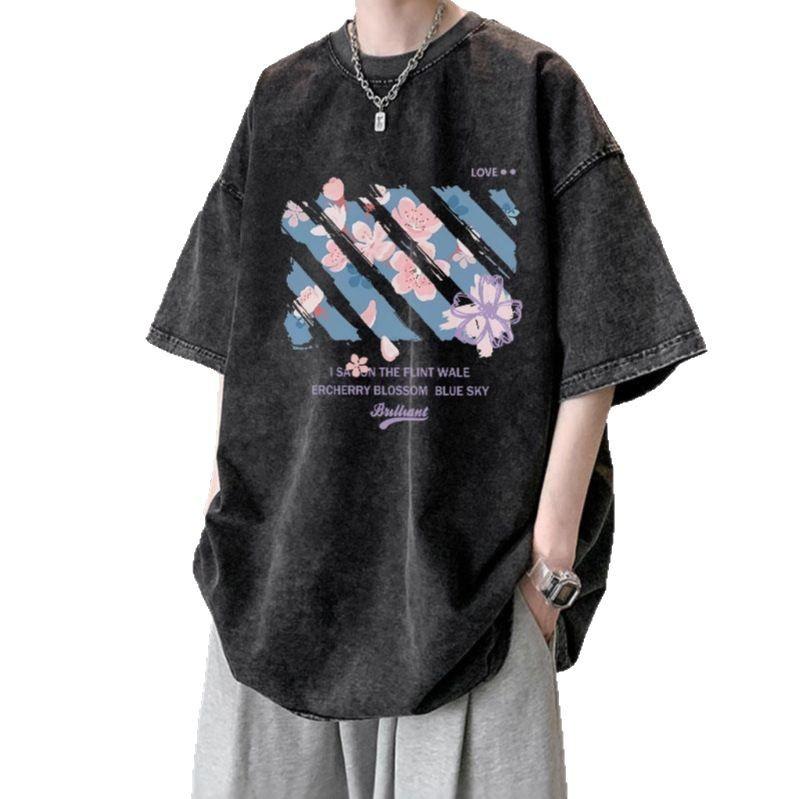 American printed washed short-sleeved T-shirt men's and women's summer trendy brand retro hiphop large size couple's pure cotton top