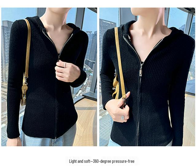 Women's Slim Fit Cashmere Wool Hooded Cardigan - 100% Pure Wool, Zippered, Autumn/Winter Knit Sweater Coat