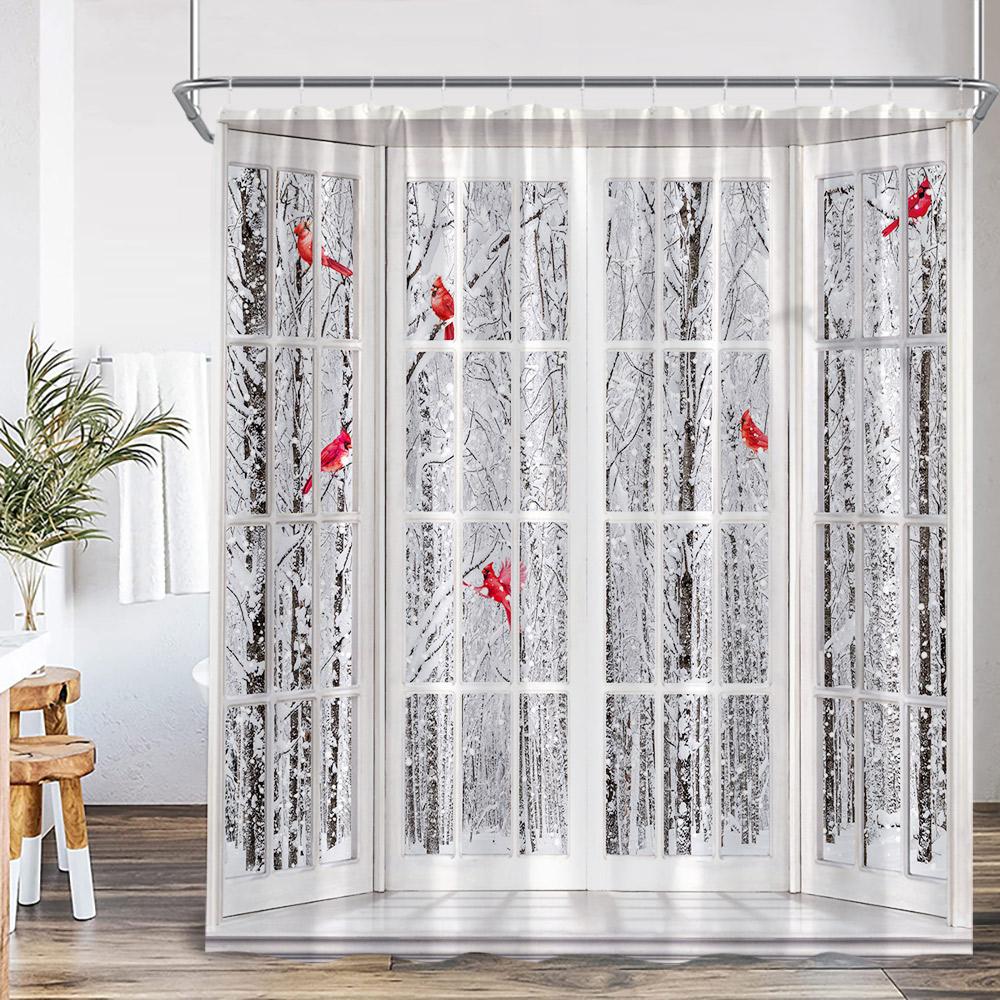 Winter Forest Scenery Shower Curtain Snow Window Outside Nature Landscape Snowy Pine Tree Bathroom Decor Polyester Bath Curtain