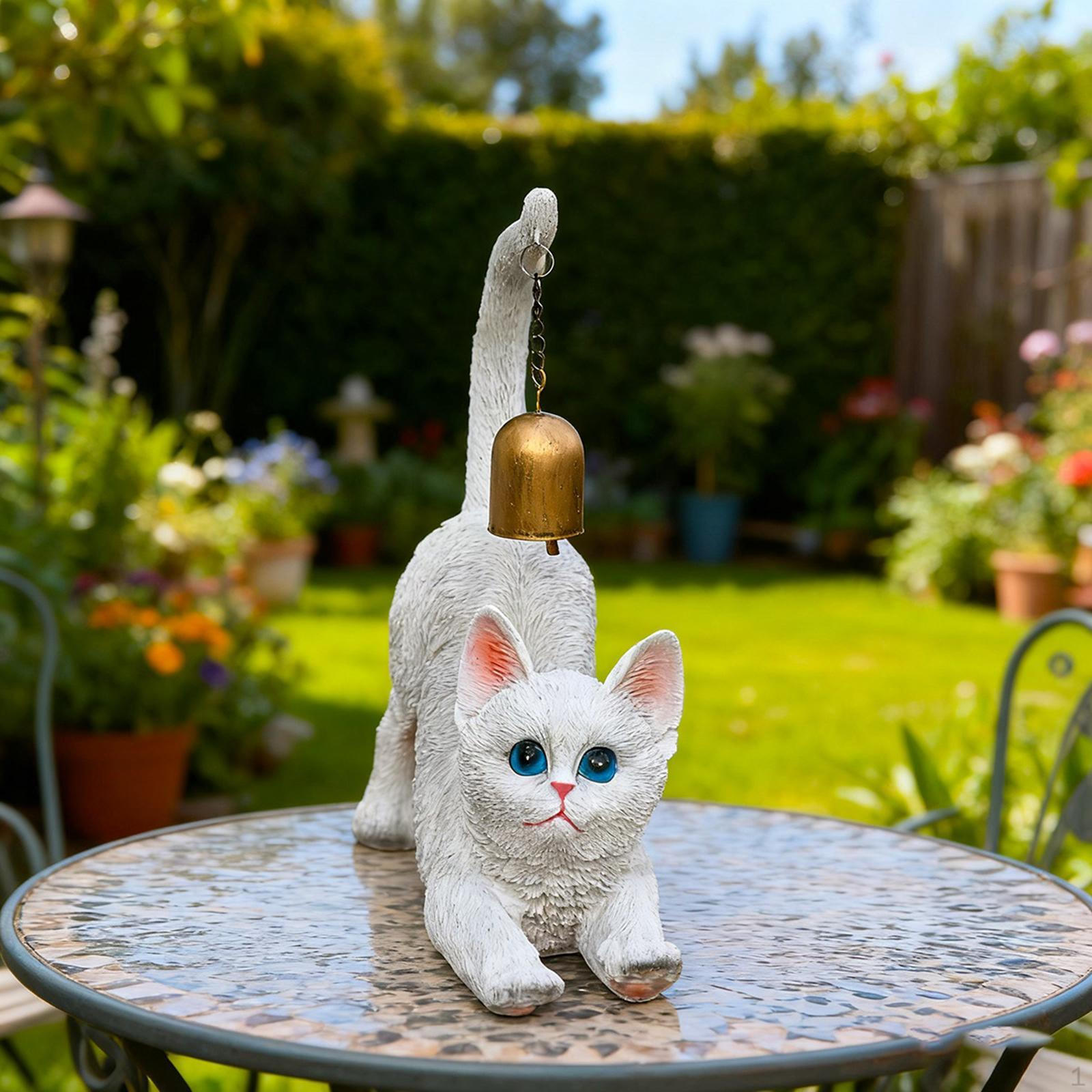 

Cat Statue Animal Sculpture with Bell Unique Kitten Figurine Wind Chime for Yard Indoor Outdoor білий