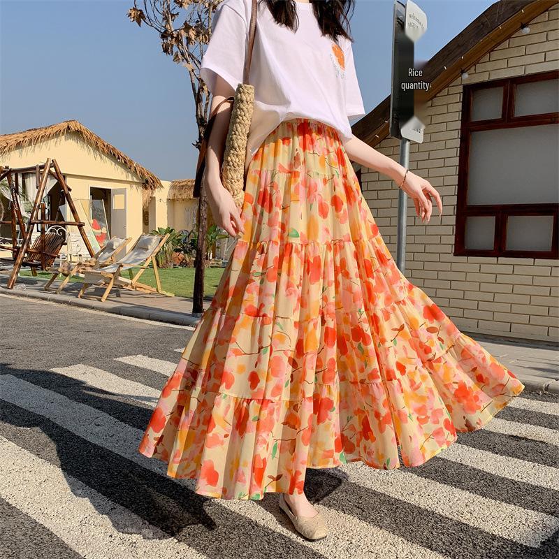 Feiyuan Bohemian Pastoral Chiffon Midi Skirt, One Size, A-line Swing Design for Vacation Style