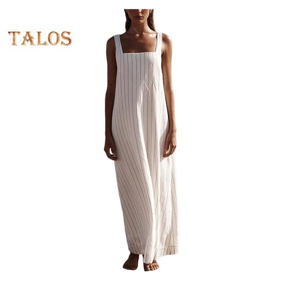 Καλοκαιρινό Γυναικείο Αμάνικο Ηλιοφόρεμα με Τετράγωνη Λαιμόκοψη, Ριγέ, Φαρδύ, Α-γραμμής, Μάξι Μήκος Αστραγάλου, Παραλίας, Μακρύ Φόρεμα για Καθημερινή Χρήση, Μετακίνηση, Ραντεβού