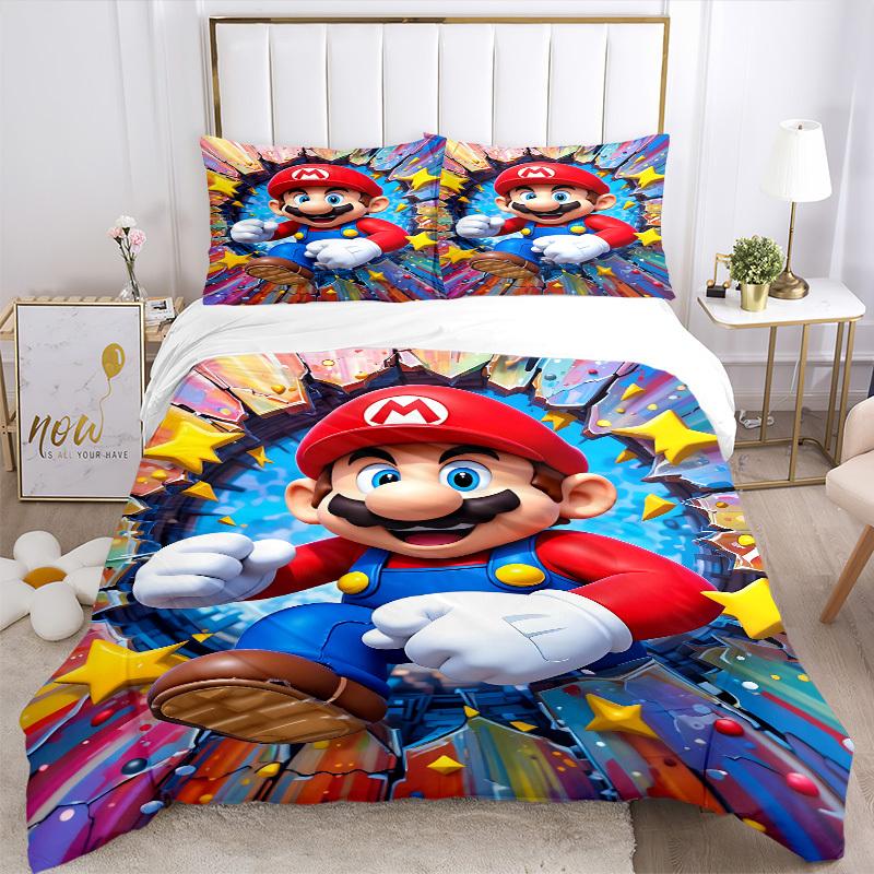 3pcs bedding set Mario Adventure Includes 1 Comforter + 2 Pillowcases, Without Pillow Inserts, Soft Comfortable,a0909172