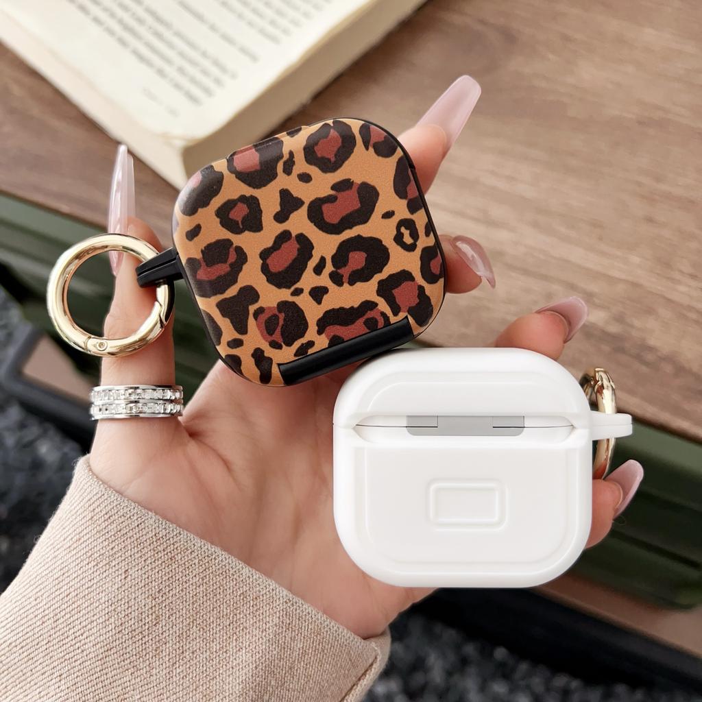 For AirPods 4 Protective Case PC + TPU Leopard Earphone Cover with Mirror and Hook