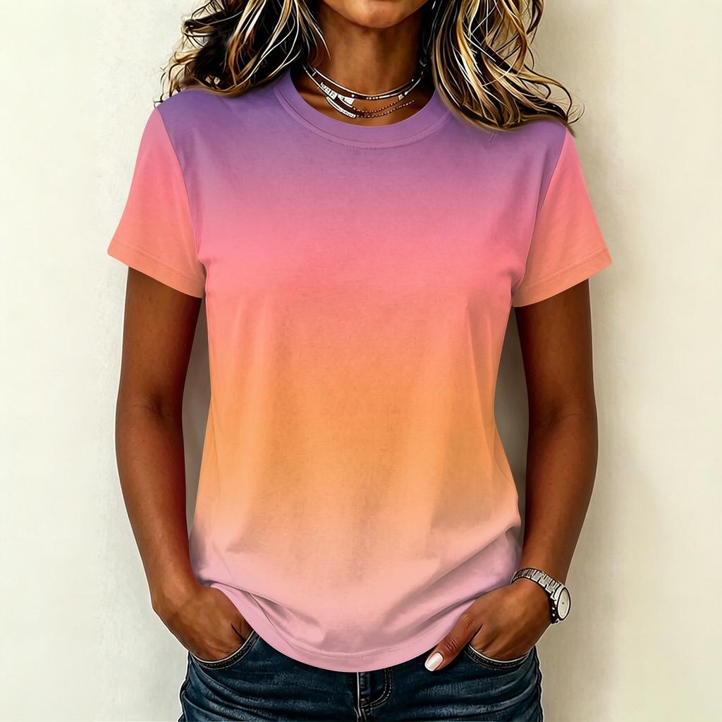 Women's Casual Pullover T-Shirt Short Sleeve Crew Neck Gradient Color Top Lightweight Soft Fabric Summer Wear