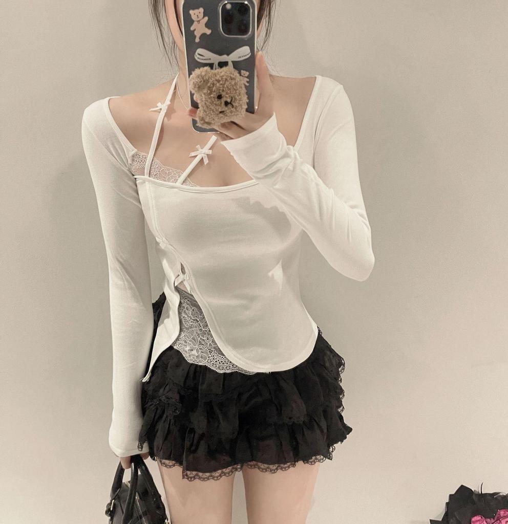 Spicy Girl Halterneck Lace Patchwork Long Sleeve Slim Fit Top - Autumn Winter