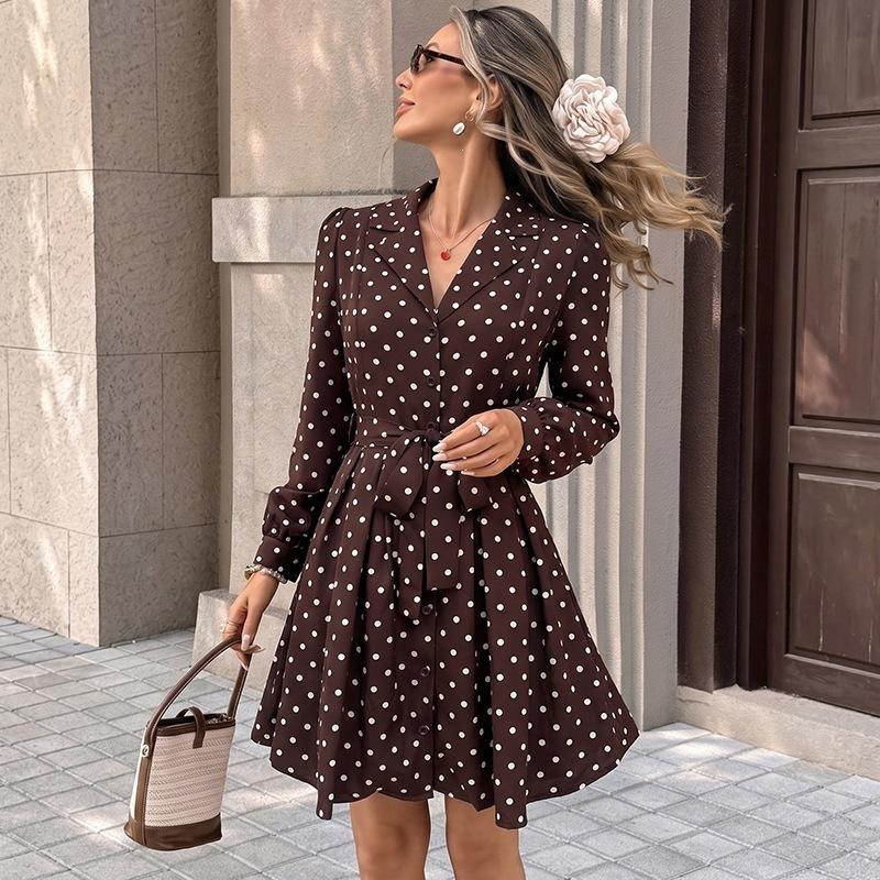 New Style Blouse Skirt Short Dress with Tie Waist and Polka Dot Pattern for Ladies' Dress
