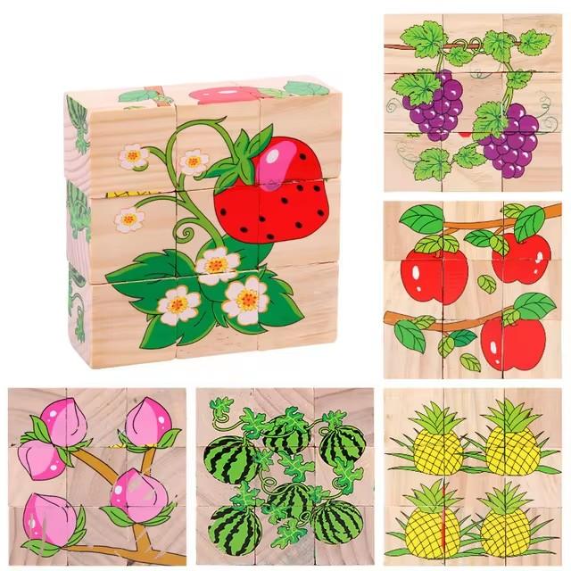 Wooden Six Sided 3D Cube Jigsaw Puzzles Children Kids Toys Animal Fruit Traffic Cognize Early Learning Educational Toys Fun Game