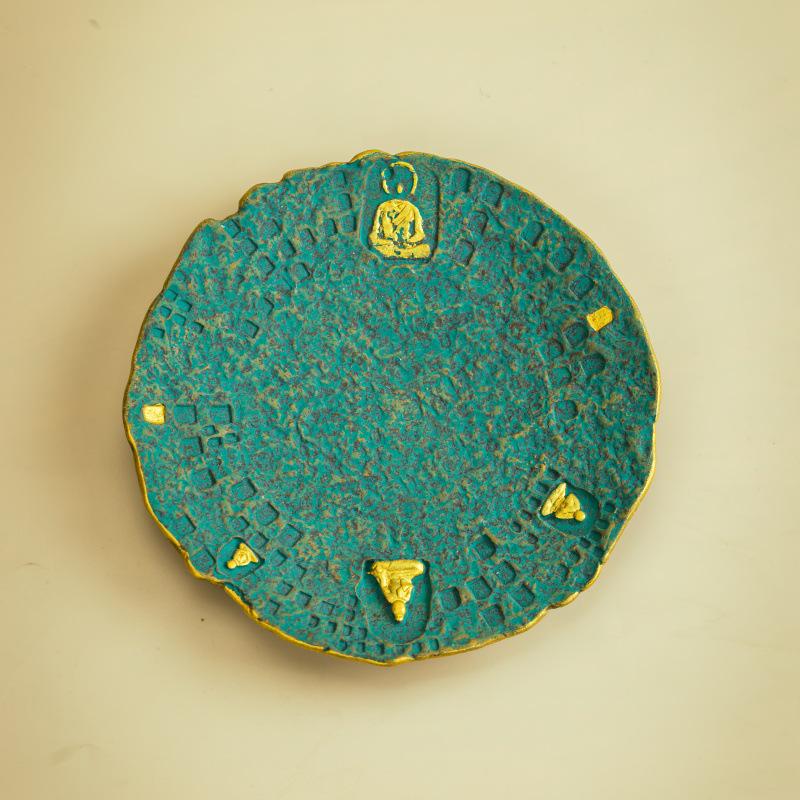 Dunhuang Style Retro Gold Rock Painting Tea Tray - Handcrafted Purple Sand Pot Stand & Mat