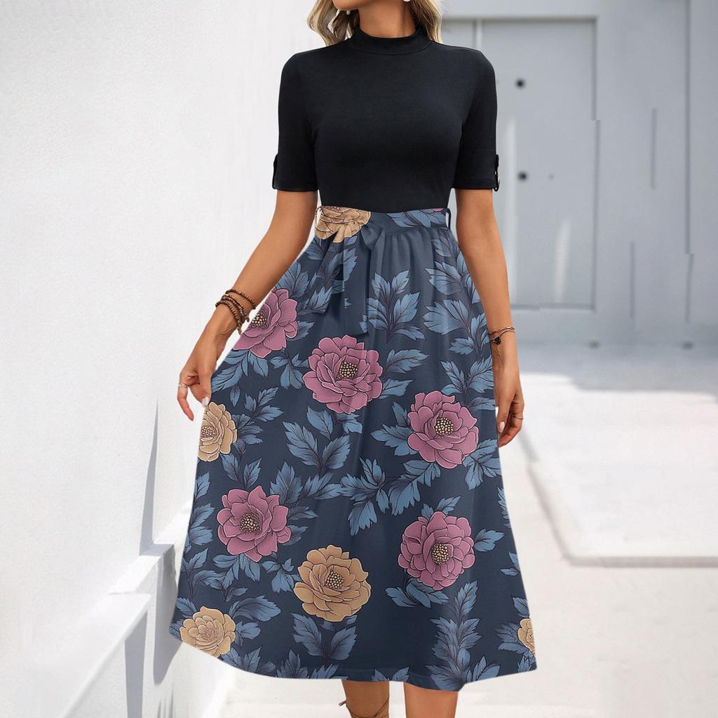 Women's Fashion Casual Belt Short Sleeve Round Neck Floral Elegant Temperament Dress