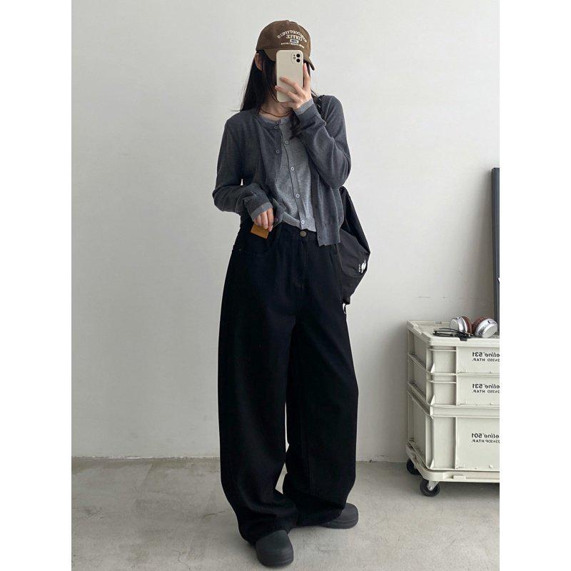 Curvy Girl Black Fleece-Lined Wide Leg Jeans - Autumn/Winter Slimming Style