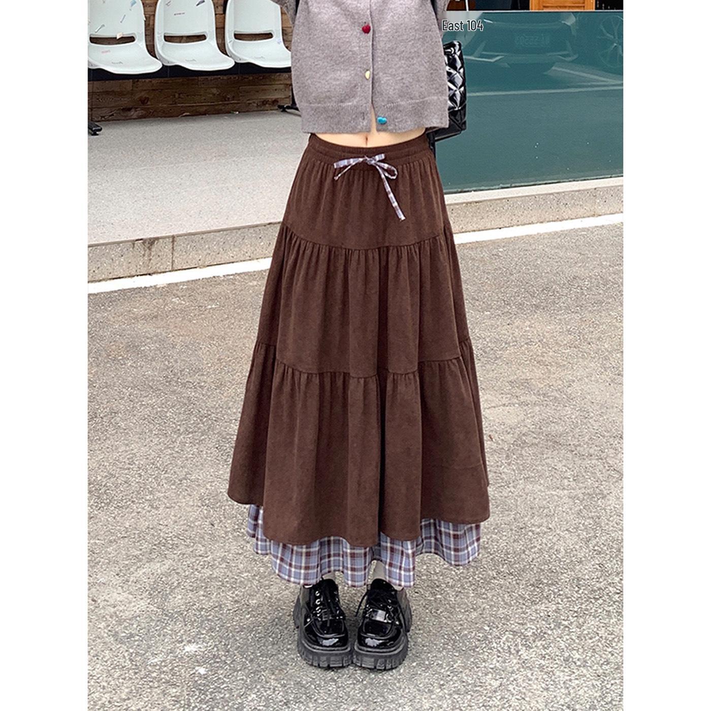 Plus-Size Women s Brown Corduroy Patchwork Plaid Ruffle Skirt – Spring/Autumn Long Hem with Drawstring XL коричневый