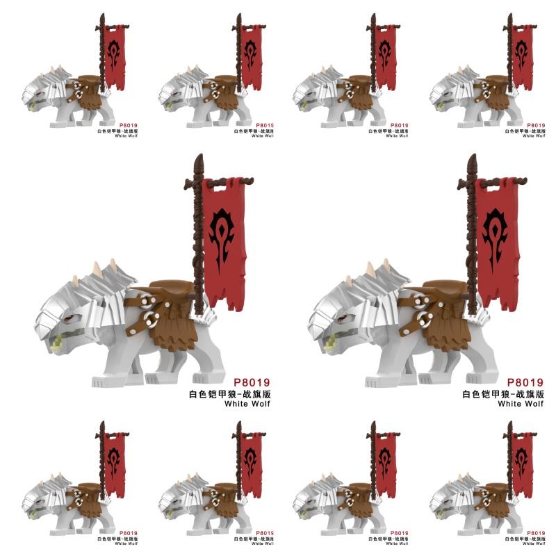 

MOC Lotr Action Figures Medieval Soldiers Armored Wolf Rider flag version Mount Knights Building Blocks Bricks Toys