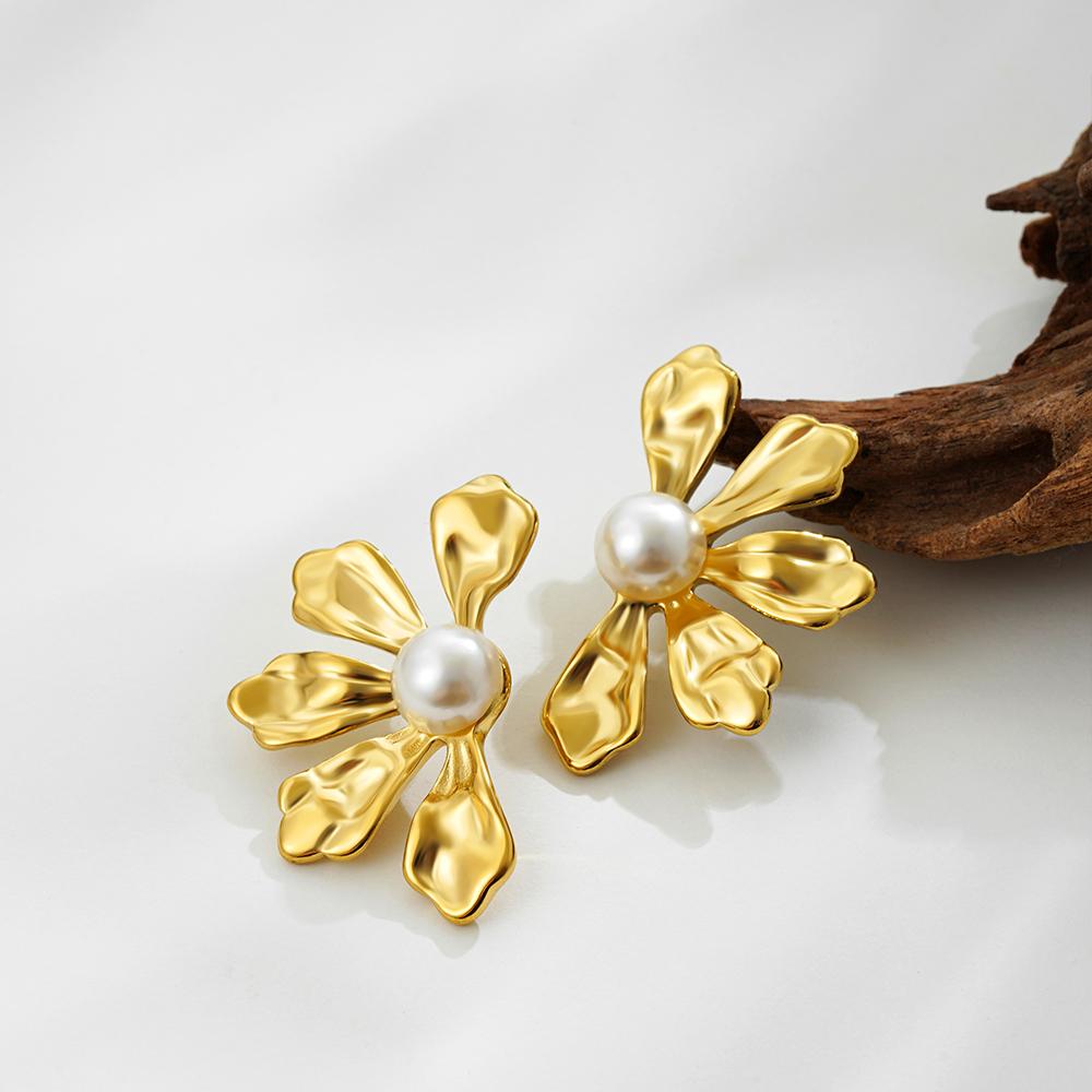 Stainless Steel Gold Color Symmetry Metal Pearl Stud Earrings for Women 18K Gold Plated Trendy Ear Buckle Daily Jewelry Gifts