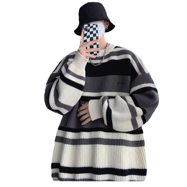 Tejido de punto a rayas retro japonés: Suéter holgado unisex de otoño/invierno