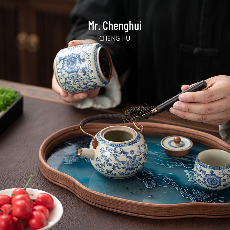 Ru Kiln Lotus Tea Set: One Pot, Six Cups with Tray - Kung Fu Style