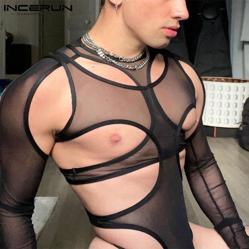 

INCERUN Лето Увидеть через мужскую моду с длинными рукавами Рубашки и жилет Комбинезон Romper Singlets Skinny Sext Клубная одежда Боди S-5XL