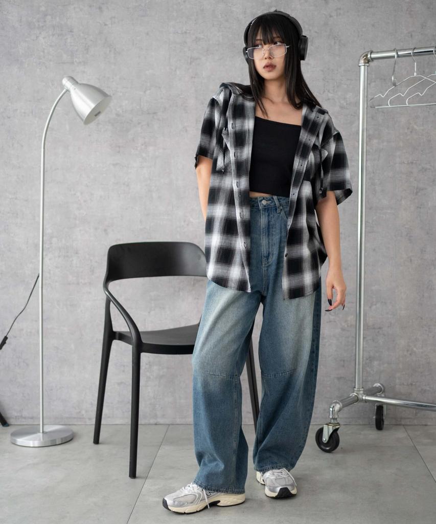 WEGO Hooded Check Big Shirt Black Women's (Small),