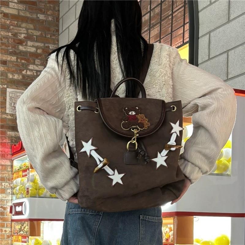 Bear Teddy Plush Embroidered Coffee Backpack Outdoor Large Schoolbag Capacity