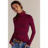 Women S Striped Print Half High Neck Fitted Long Sleeve T Shirt Base Layer Top