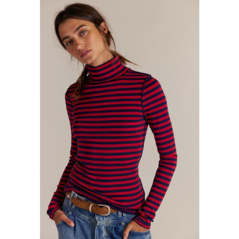 Women S Striped Print Half High Neck Fitted Long Sleeve T Shirt Base Layer Top