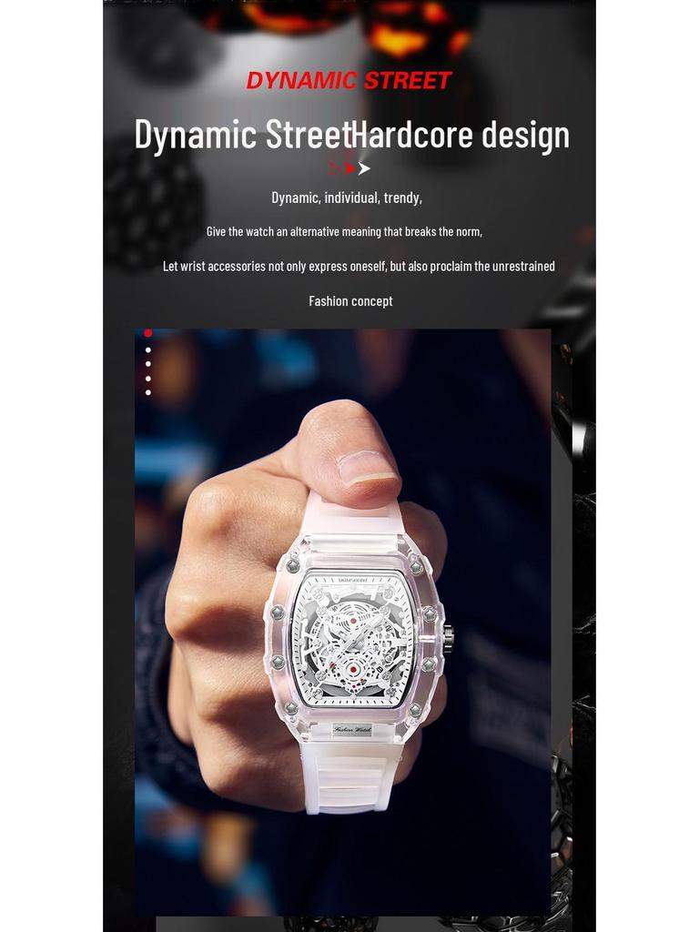 Men's Transparent Barrel-Shaped Quartz Waterproof Wristwatch