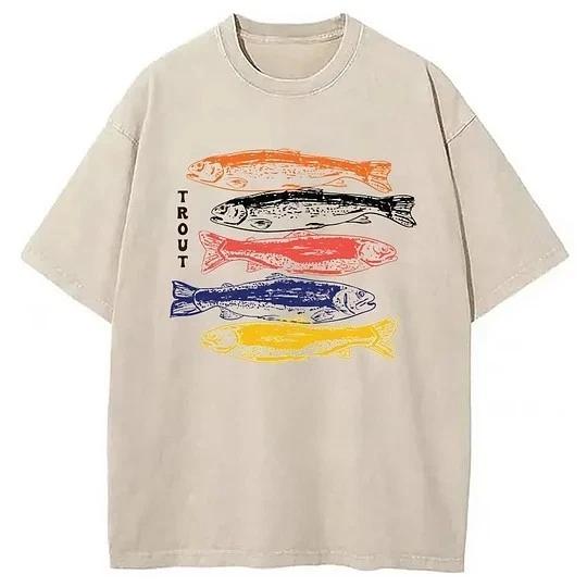 Trout Fish Vintage Nature Illustration Graphic Casual T-Shirt L