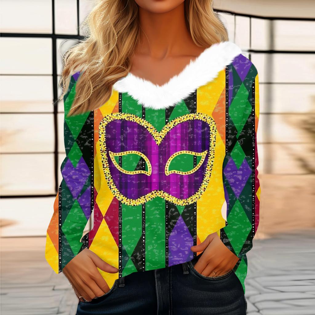 Dámský volný ležérní top s dlouhým rukávem a potiskem, plyšový límec ve tvaru V, top s dlouhým rukávem