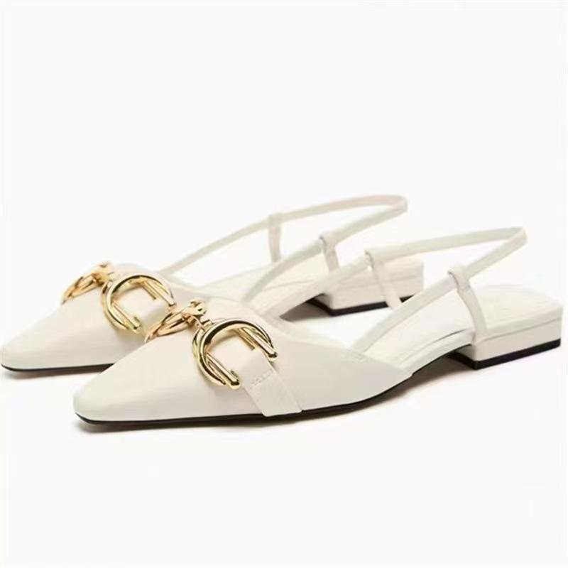 Women Flats Summer Pointed Metal Buckle Decoration Fashion Back Strap Brand Designer Footwear Ladies Shoes