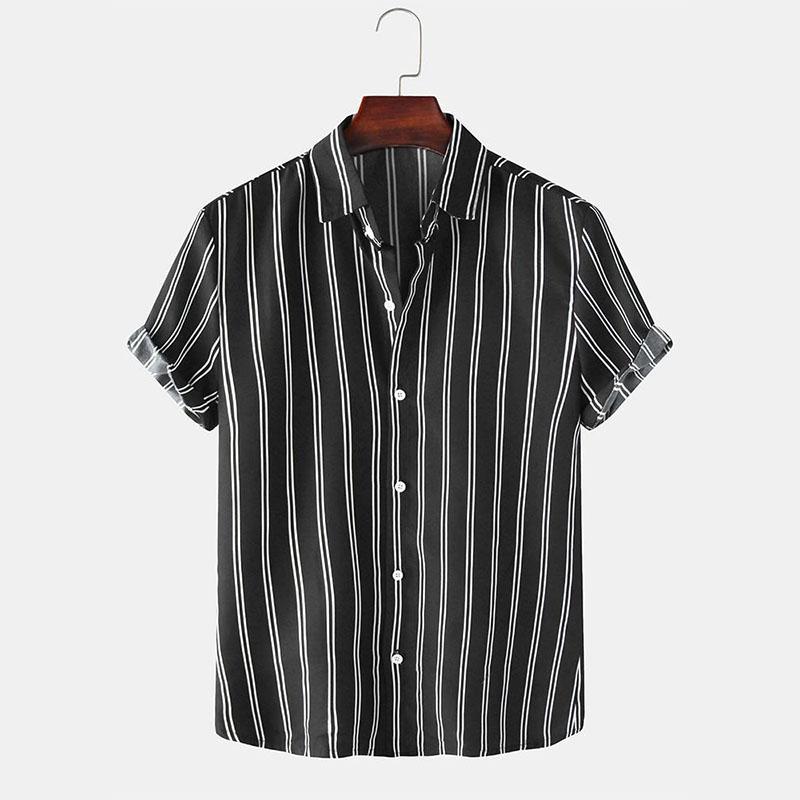 

Мужские полосатые рубашки с короткими рукавами с принтом Повседневные летние топы на пуговицах