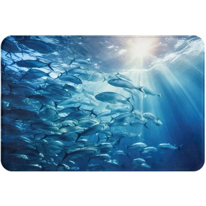 Blue Ocean Underwater Fish Print Front Door Rug for Indoor Outdoor Entrance,Welcome Mat with Flannel Fabric