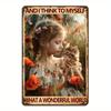 Aluminum Metal Wall Art Decor  Vintage Weathered Tin Sign with What a World Quote Floral GirlKitten Design Rus