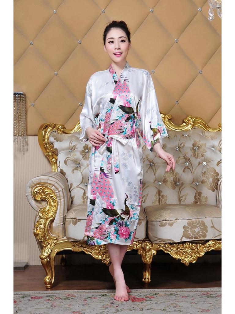 Women's Summer Peacock Pajamas Bathrobe - Thin Imitation Silk Long Tie Cardigan