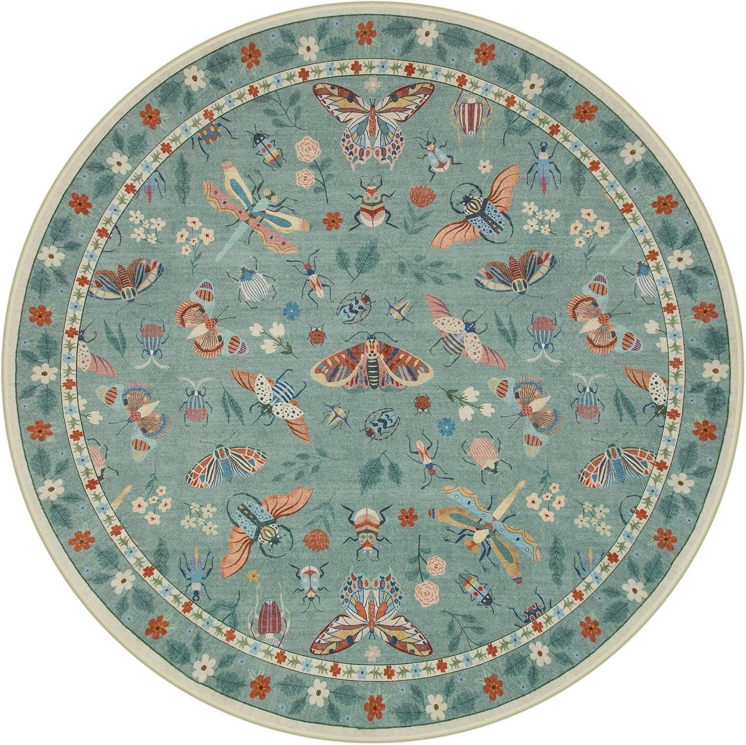 Green Insect Floral Round Rug –