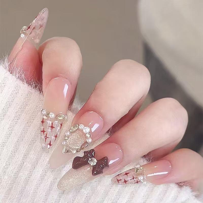 Luxurious French Cat Eye Nail Art: Handmade Brown Bows & Rhinestones Large