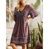 Women‘s V Neck Half Sleeve A-Line Maxi Dress Loose Fit Printed Bohemian Gown