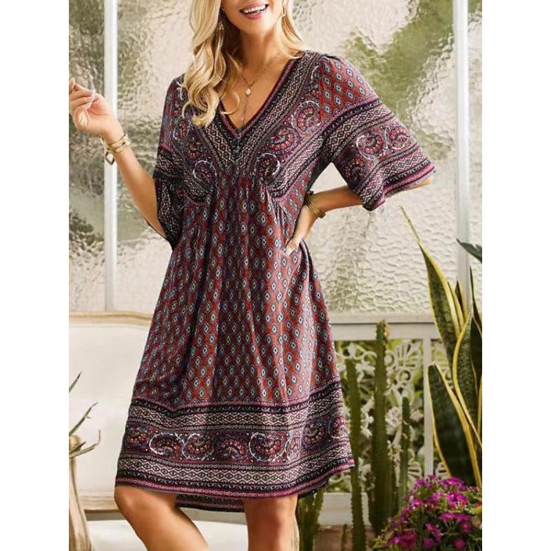 Women‘s V Neck Half Sleeve A-Line Maxi Dress Loose Fit Printed Bohemian Gown