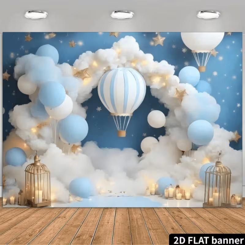 2D Gender Neutral Party Background Cloth Blue Hot Air Balloon Banner for Decor
