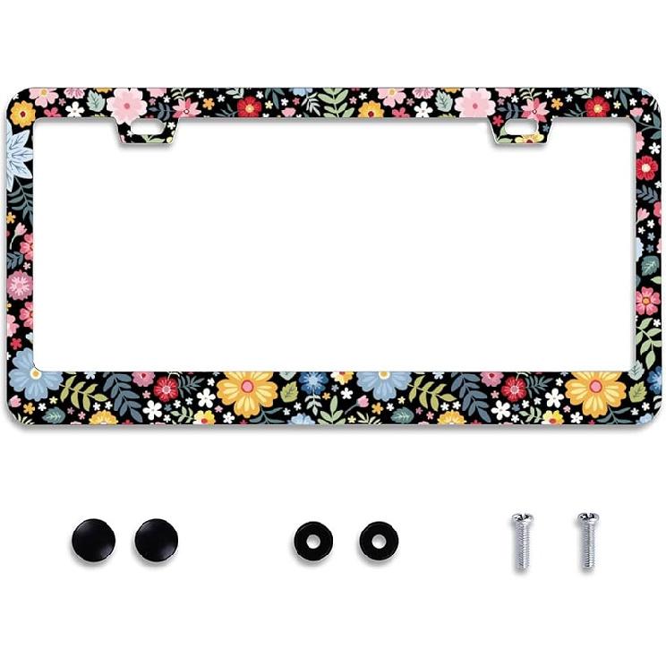 Personalise Colorful Floral Flowers License Plate Frame License Plate Frames Car Universal Stainless Steel Accessories Cars Decor With 2 Holes And