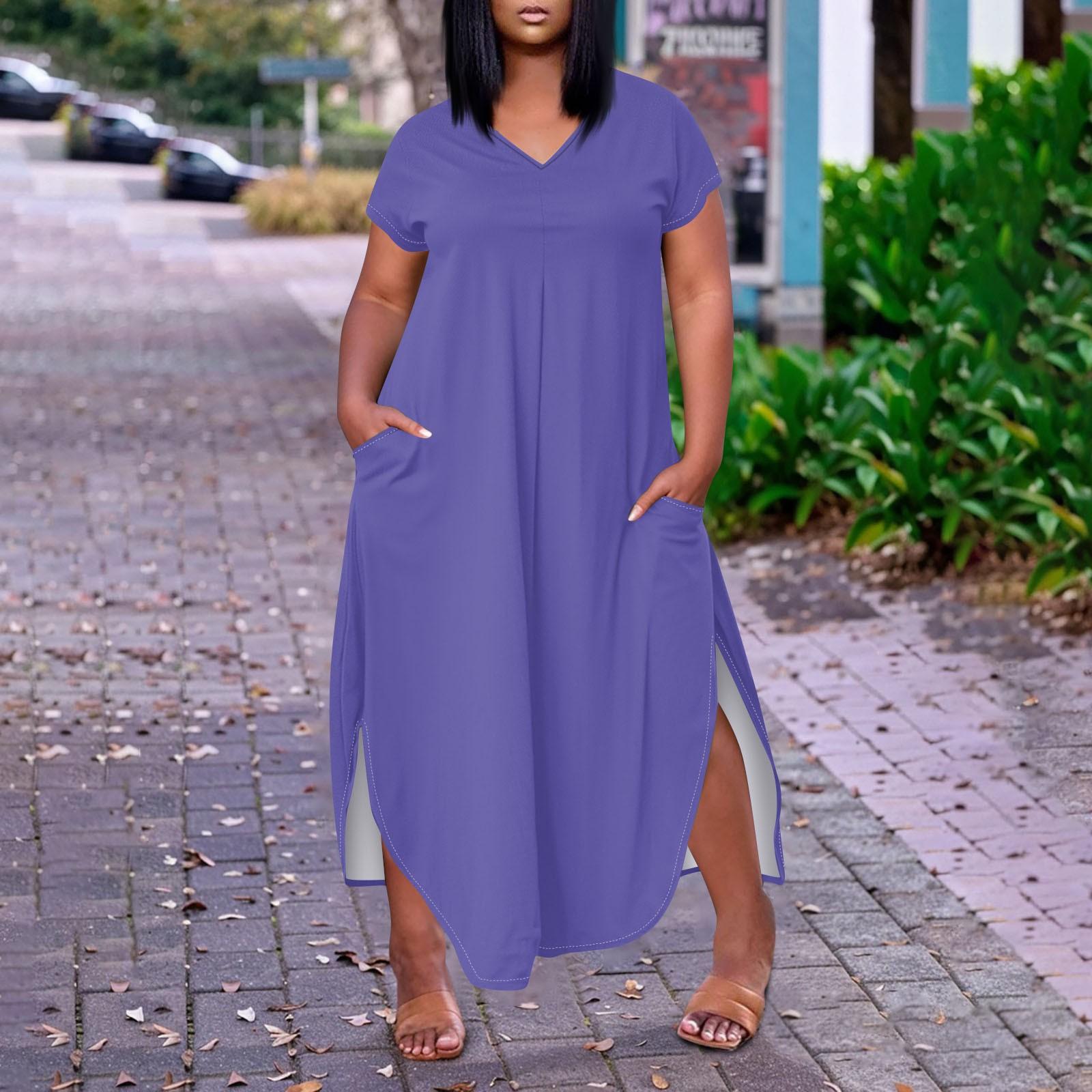

Женское повседневное платье с коротким рукавом и круглым вырезом, размер плюс, темперамент XXL фиолетовый
