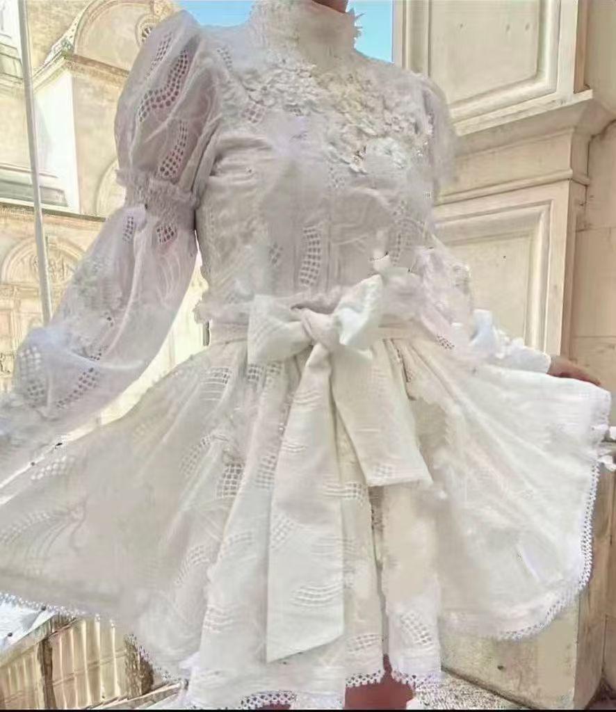Court style dress Australian trendy brand spring and summer stand-up collar lantern sleeve embroidered lace-up white lace skirt short skirt