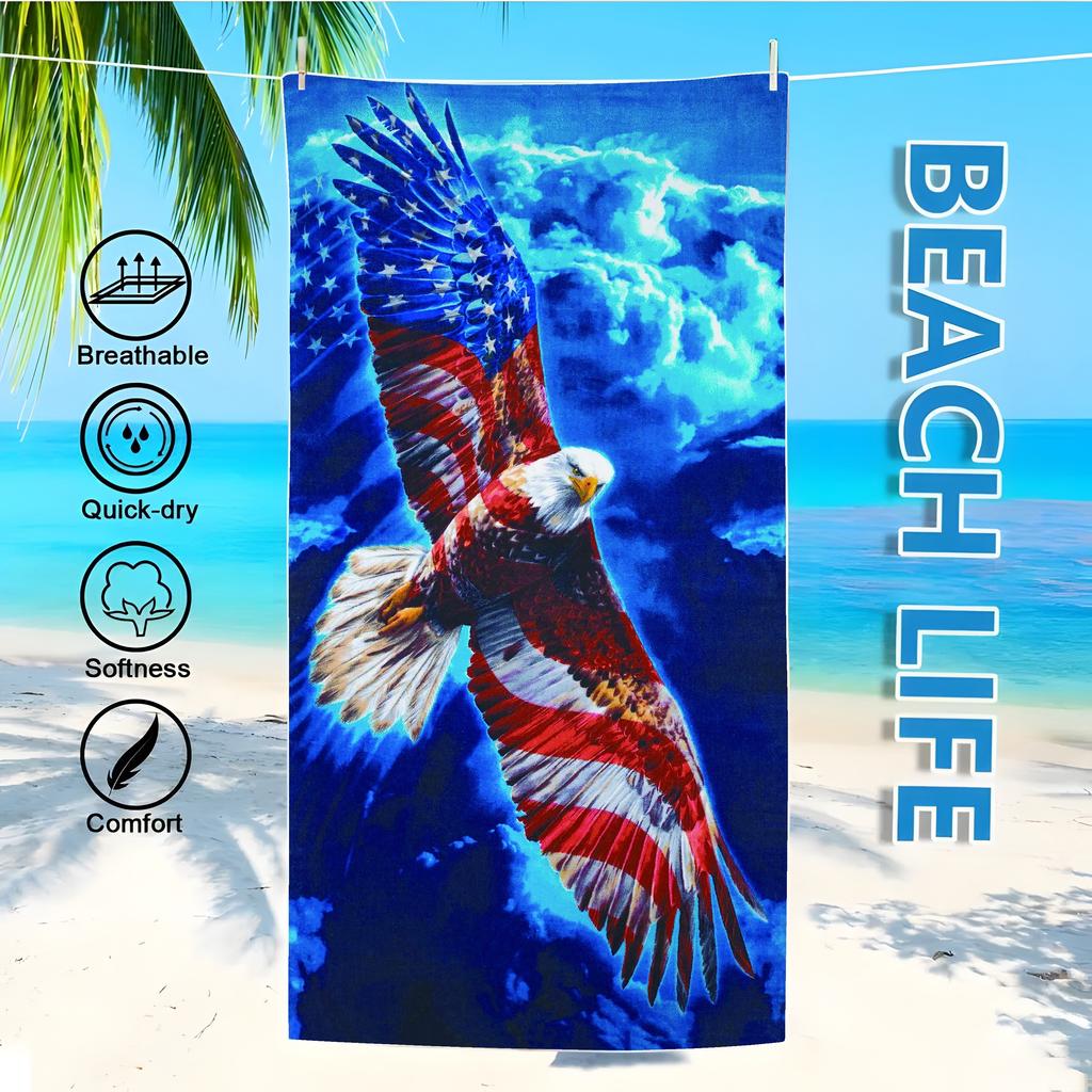 Patriotic American Flag Eagle Beach Towel Soft Absorbent Microfiber Quick-Drying Ideal for Yoga Travel Swimming Fitness Camping
