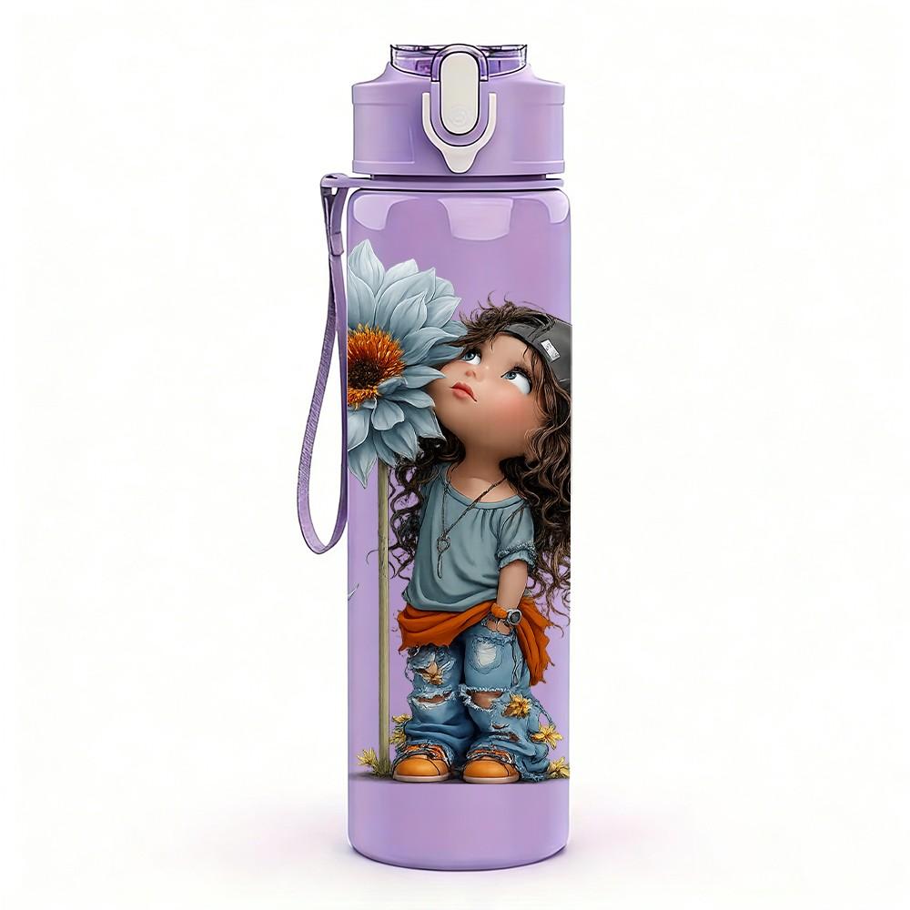 1PC Girl Hugging Big Sunflower Flower Print 750ml Color Plastic Sports Water Bottle Leakproof Flip Straw Lid Suitable for Sports Office Home Use