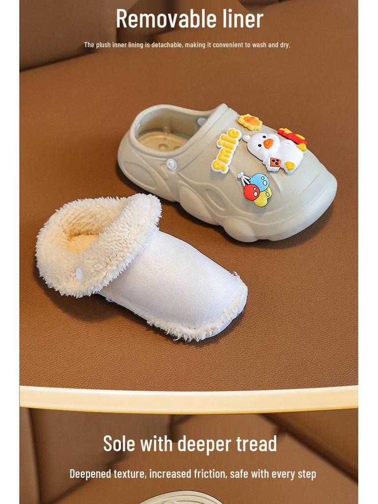 Kids' Waterproof Non-Slip Cotton Slippers, Plush Lined for Warmth, Removable Fur Lining, Perfect for Autumn/Winter Home Use.