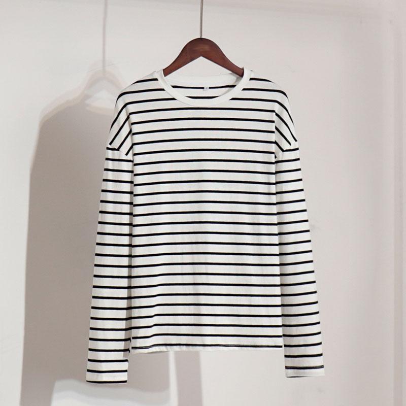 Cozy Loose Long Sleeve Striped T-Shirts Women Autumn Basic Casual Cotton Tops Round Neck Street Style Blouse