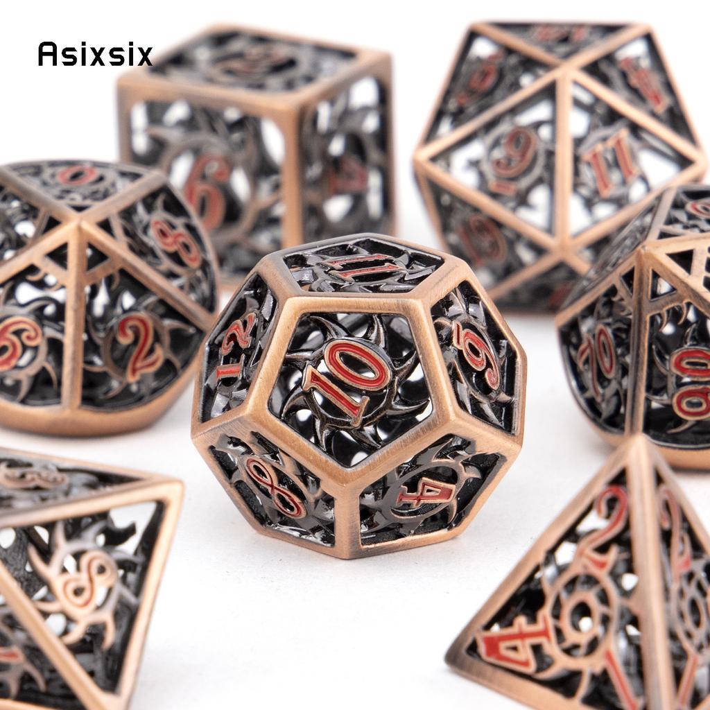 7 Pcs Copper Red Rotary Cyclone Metal Dice Hollow Metal Polyhedral Dice Set Suitable for Role-Playing RPG  Board Game Card Game