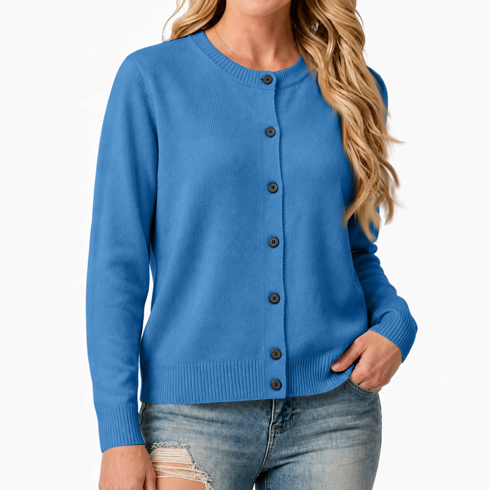 Women s Casual Knit Cardigan with Round Neck for Layering L